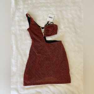 Hello Molly One-Shoulder Metallic Rust Dress